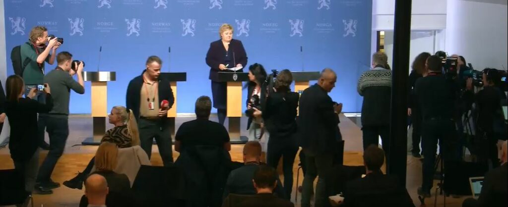 Pressekonferanse 12. mars 2020. (Skjermdump regjeringen.no)